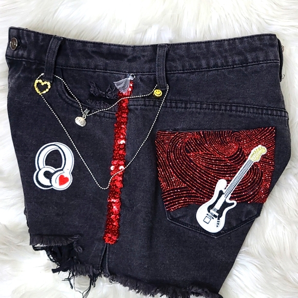 Shorts Size Small Black Denim Gray Red Embellished Upcycled Unique Handmade Fun - Picture 3 of 11